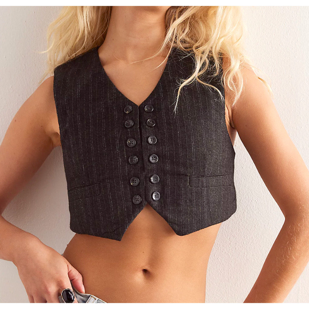 NEW FREE PEOPLE BLACK DANA MENSWEAR PINSTRIPE CROPPED VEST TOP SZ MEDIUM M